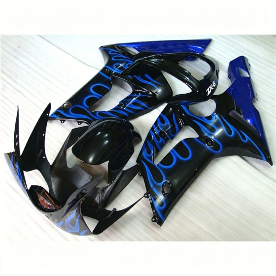 Kawasaki Ninja ZX-6R Black & Blue Flame Motorcycle Fairings (2003-2004)